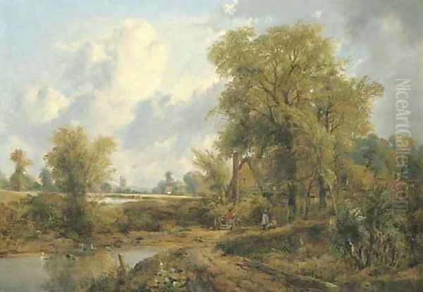 Wooded landscape with figures by a cottage and a church beyond Oil Painting by Frederick Waters Watts