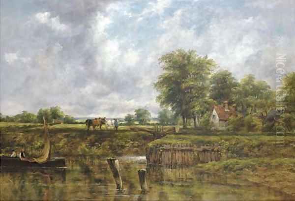 Wooded River Landscape, With A Cottage By A Lock, A Barge, And A Figure With Horses On The Towpath Oil Painting by Frederick Waters Watts