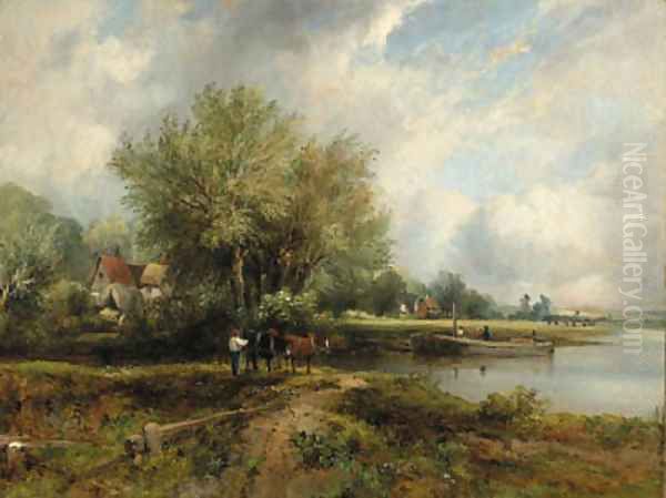 A wooded river landscape with a barge and cottages Oil Painting by Frederick Waters Watts