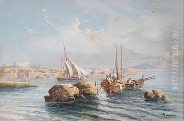 Fishermen In The Bay Of Naples With Vesuvius Oil Painting by Girolamo Gianni