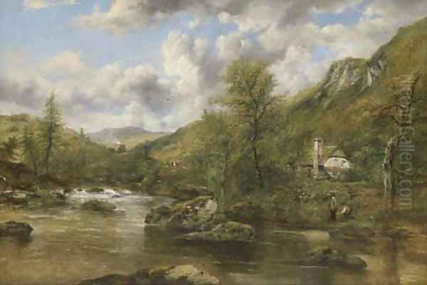 Anglers Beside A Cottage In A Wooded River Landcape Oil Painting by Frederick Waters Watts