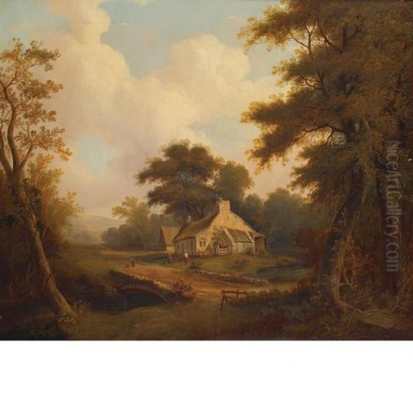 Landscape With Figures Before A Cottage Oil Painting by Robert Gibb