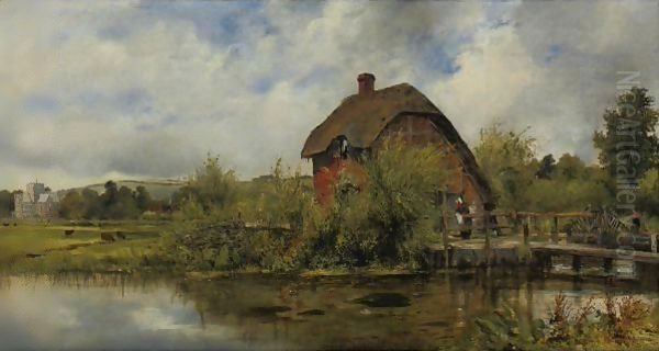 A figure by a mill cottage in a river landscape with a village in the distance, traditionally believed to be near Winchester, Hampshire Oil Painting by Frederick Waters Watts