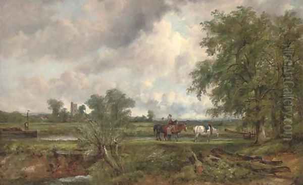 An extensive landscape with a barge on a canal and yoked horses on a towpath, a church and village beyond Oil Painting by Frederick Waters Watts