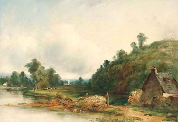 Figures by a river in a wooded landscape, a cottage in the foreground and a village beyond Oil Painting by Frederick Waters Watts