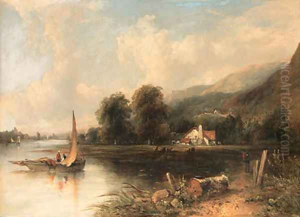 An extensive wooded River Landscape with fishermen in the foreground and cattle and a cottage beyond Oil Painting by Frederick Waters Watts