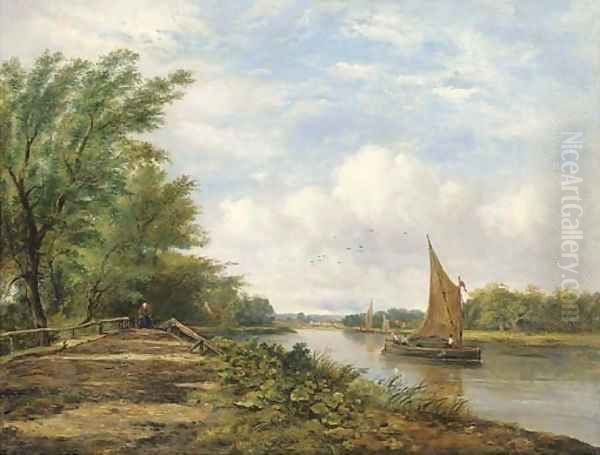 Barges on a river in a sunlit landscape Oil Painting by Frederick Waters Watts