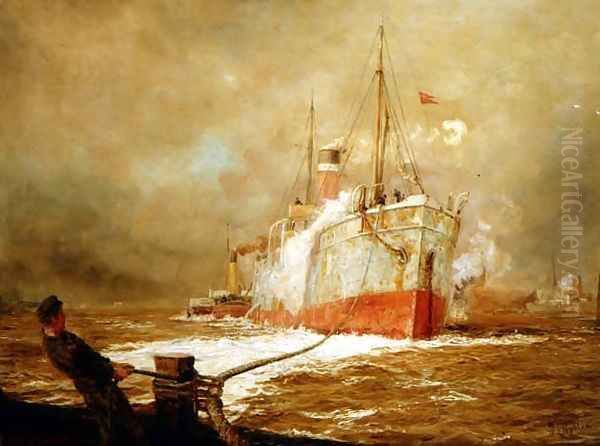 Docking a Cargo Ship Oil Painting by William Lionel Wyllie