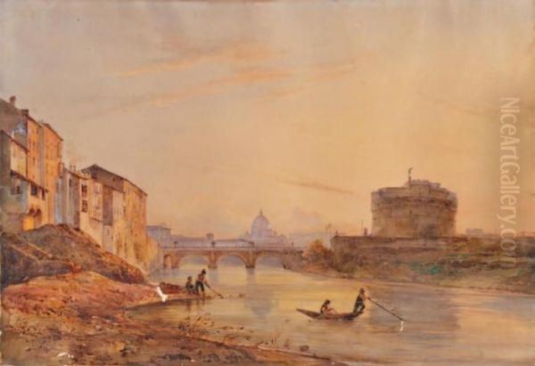 Vue Du Tibre Avec Le Chateau Saint Ange A Rome Oil Painting by Giacinto Gigante