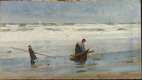 Gathering Driftwood, Holland, 1877 Oil Painting by William Lionel Wyllie