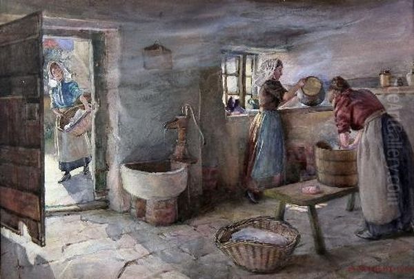 Interior Of Cottage With Cottagers At Work Oil Painting by Alfred Gilbert