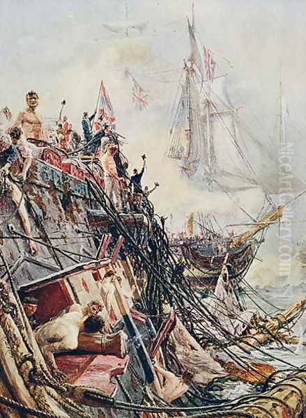 Crippled but unconquered: The Belleisle at the Battle of Trafalgar, 21st October 1805, from 'British Battles on Land and Sea' edited by Sir Evelyn Wood (1838-1919) first published 1915 Oil Painting by William Lionel Wyllie