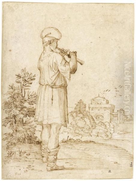 A Man Playing A Pipe In A Landscape Oil Painting by Giovanni Francesco Grimaldi