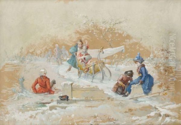 Les Jeux De Traineau, Projet D'eventail Oil Painting by Jules Girardet