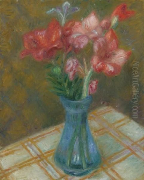 Gladiolas In Green Glass Vase Oil Painting by William Glackens