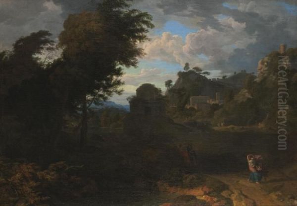 A Pastoral Landscape With Figures On A Path Before A Hill Town Oil Painting by Johannes (Polidoro) Glauber