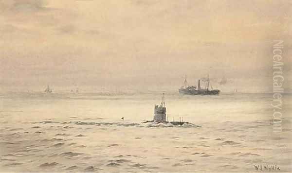 The submarine H.M.S. P48 on patrol Oil Painting by William Lionel Wyllie