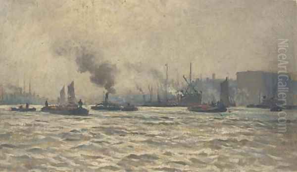 Tugs and other shipping on the Thames Oil Painting by William Lionel Wyllie