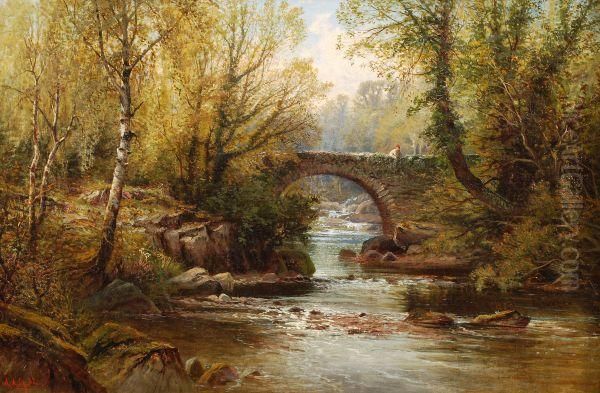 A Figure On A Bridge Over A Rocky River Oil Painting by Alfred I Glendening