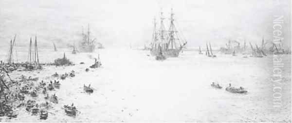 An ironclad under tow on the Thames with boats standing by Oil Painting by William Lionel Wyllie