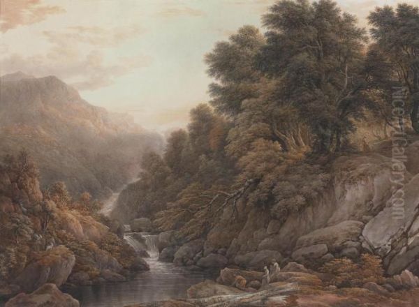 A Waterfall Between Llanwrst And Conway, North Wales Oil Painting by John Glover