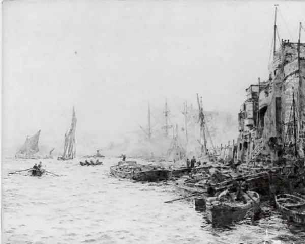 Barges at Woolwich Reach Oil Painting by William Lionel Wyllie