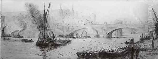 Barges on the Thames before Southwark Bridge Oil Painting by William Lionel Wyllie