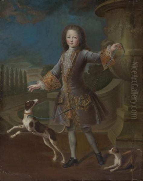 Portrait Of Louis Xv With Two Dogs Oil Painting by Pierre Gobert