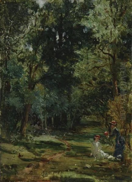 Impressionistic Wooded Landscape With Figures Oil Painting by Norbert Goeneutte