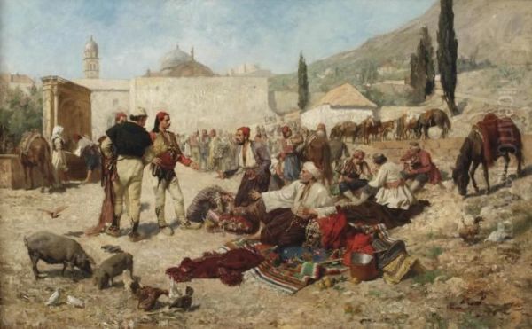 An Oriental Market Place Oil Painting by Alexander Demetrius Goltz