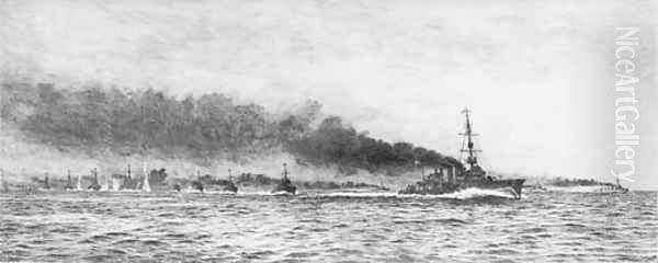 A flotilla of destroyers under attack, possible at Jutland Oil Painting by William Lionel Wyllie