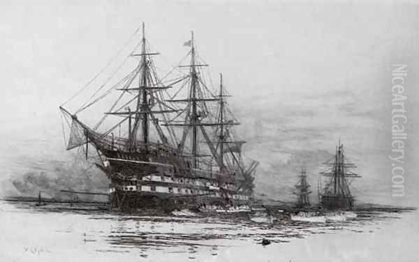 A warship, thought to be H.M.S. Victory, lying at anchor Oil Painting by William Lionel Wyllie