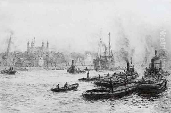 Barges and other shipping in the Pool of London before the Tower Oil Painting by William Lionel Wyllie