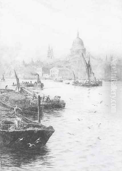 Barges on the Thames before St. Paul's Cathedral Oil Painting by William Lionel Wyllie