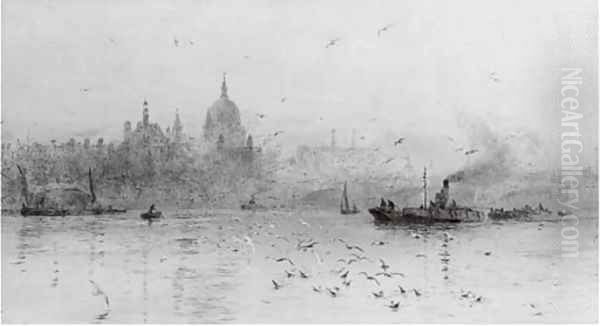 Barges on the Thames before St. Paul's Cathedral 2 Oil Painting by William Lionel Wyllie