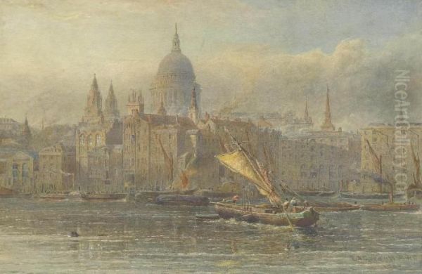 A Paddle Steamer And Barges On The Thames Before St. Paul's Cathedral Oil Painting by Edward Alfred Angelo Goodall