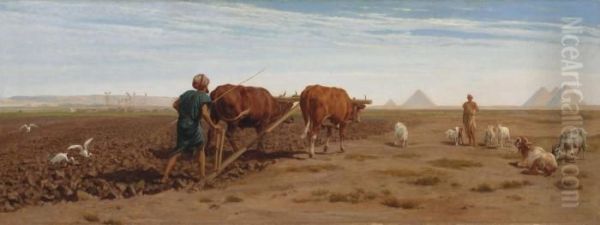 Farming On The Flood Plain Of The Nile, Pyramids Beyond Oil Painting by Frederick Goodall