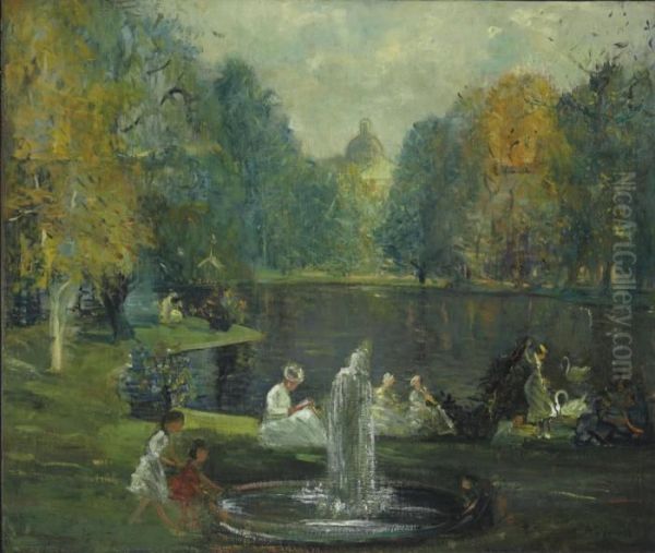 Frog Pond, Boston Public Garden Oil Painting by Arthur C. Goodwin