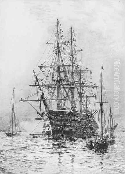 H.M.S. Victory firing a salute (illustrated) Oil Painting by William Lionel Wyllie