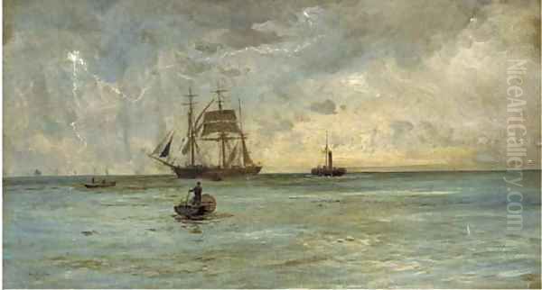 Lightening splitting the sky over a barque and her attendant tug Oil Painting by William Lionel Wyllie