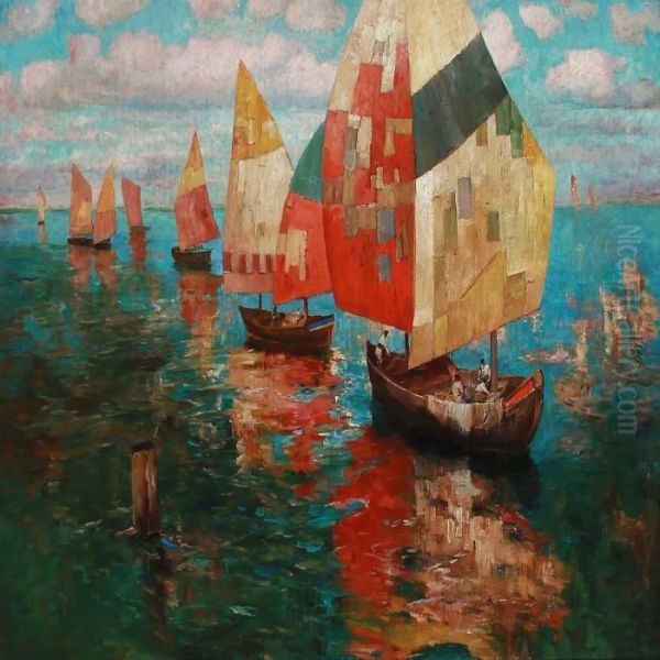 Boats With Colourful Sails Off A Coast by Konstantin Ivanovich Gorbatov