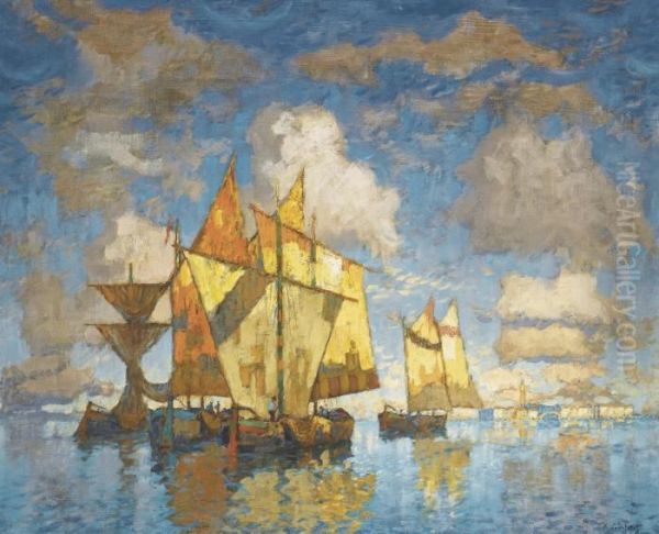 Fishing Boats In The Lagoon, Venice Oil Painting by Konstantin Ivanovich Gorbatov