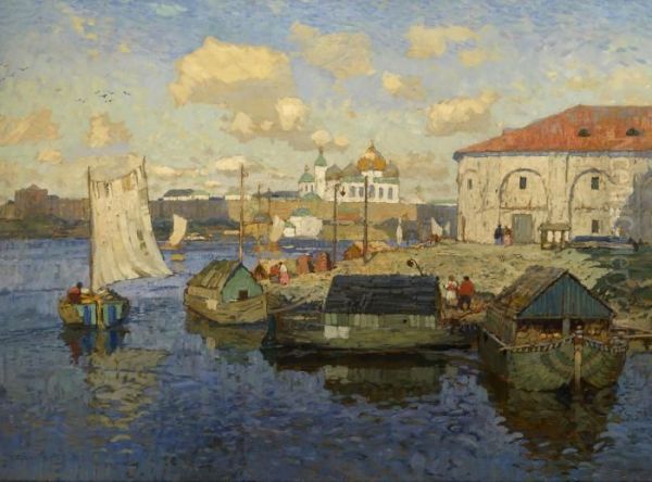 Old Novgorod. Barges Oil Painting by Konstantin Ivanovich Gorbatov