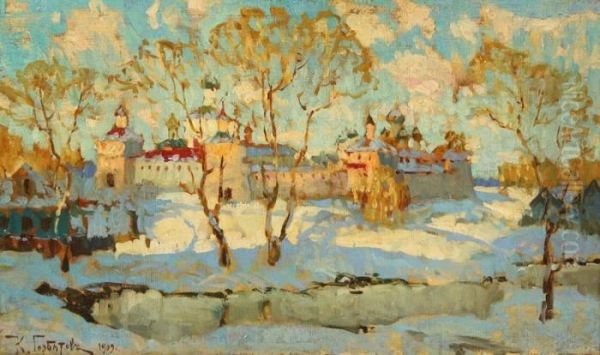 Russian Monastery In Winter Oil Painting by Konstantin Ivanovich Gorbatov