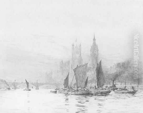 The Houses of Parliament from the Thames Oil Painting by William Lionel Wyllie