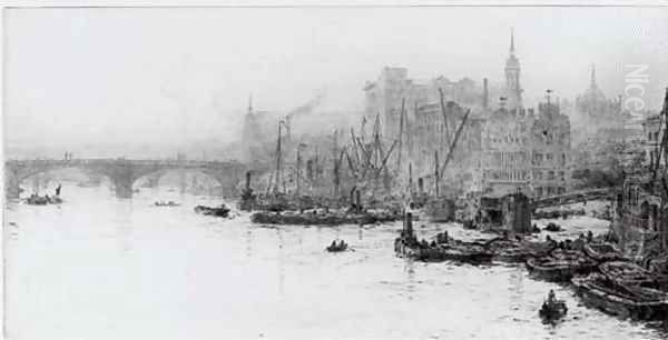 Tugs and barges in the Pool of London before London Bridge Oil Painting by William Lionel Wyllie