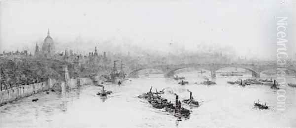 Tugs and barges on the Thames before St. Paul's Cathedral Oil Painting by William Lionel Wyllie