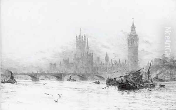 Westminster - Flood tide Oil Painting by William Lionel Wyllie