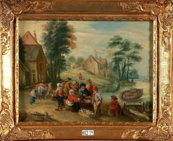 Marchands De Poissons En Bord De Riviere Oil Painting by Abraham Govaerts