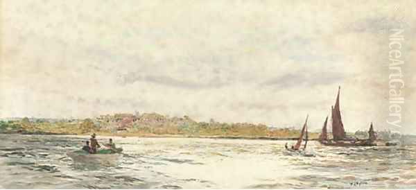 A Thames barge running up the estuary Oil Painting by William Lionel Wyllie